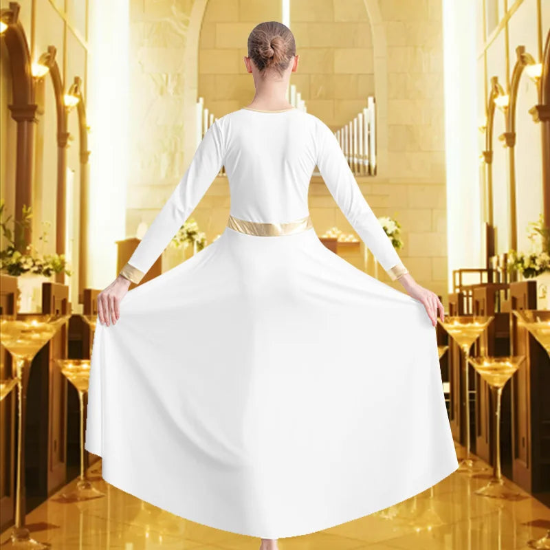 Women's Long Sleeve Loose Fit Full Length Praise Moden Dance Dress for Adult Worship Liturgical Metallic Costume Dance Dress