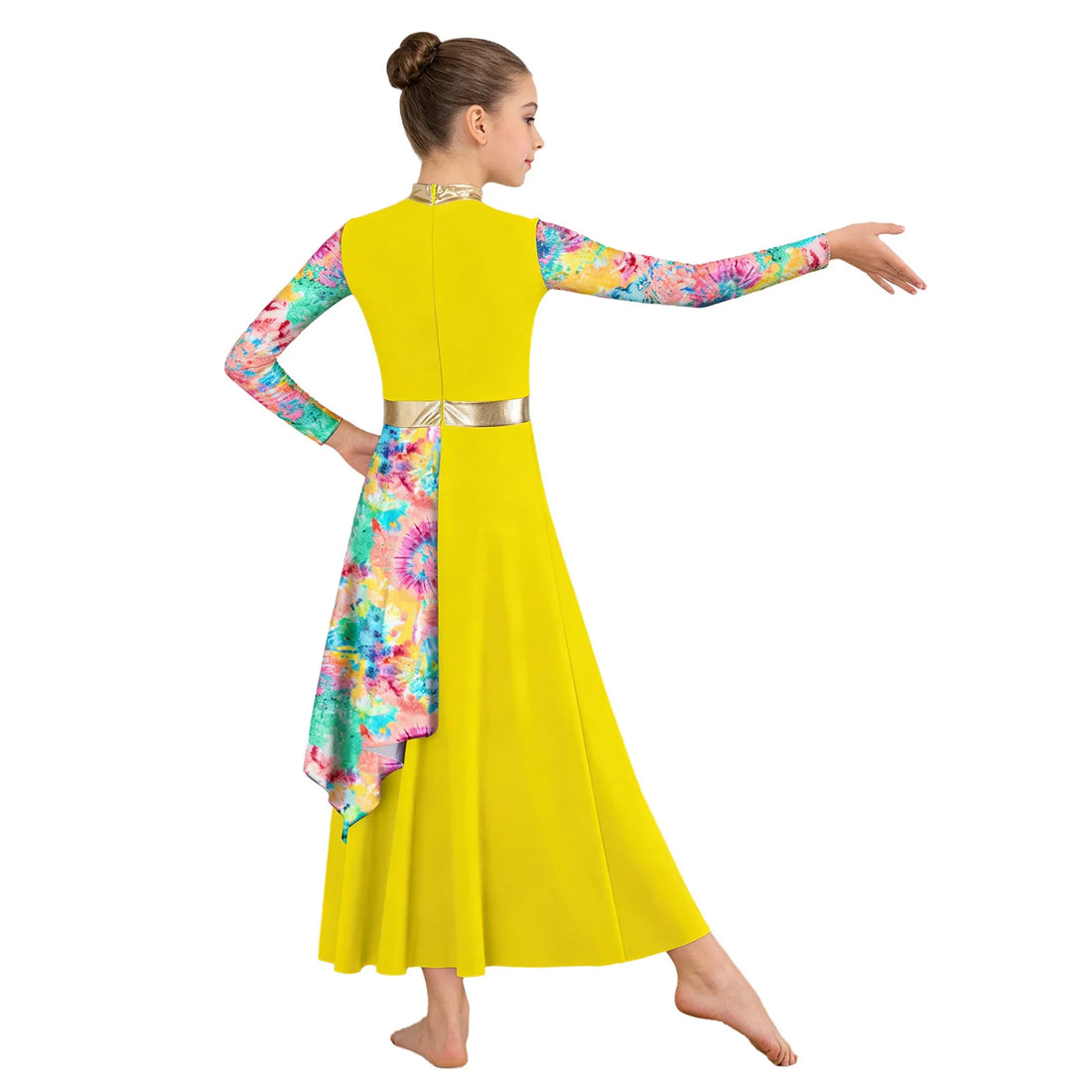 Girls Lyrical Worship Dancewear Kids Liturgical Praise Performance Dance Dress Long Sleeve Asymmetrical Drape Dress Costume
