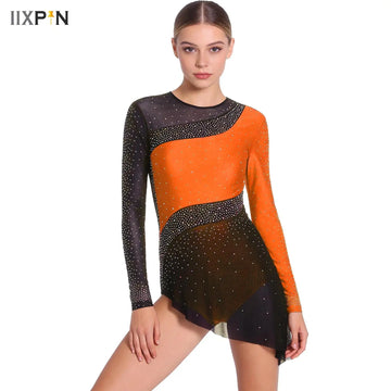 Womens Gymnastics Latin Dance Bodysuit Dress Rhinestone Long Sleeves Dresses Color Blocking Leotard Tango Salsa Rumba Dancewear