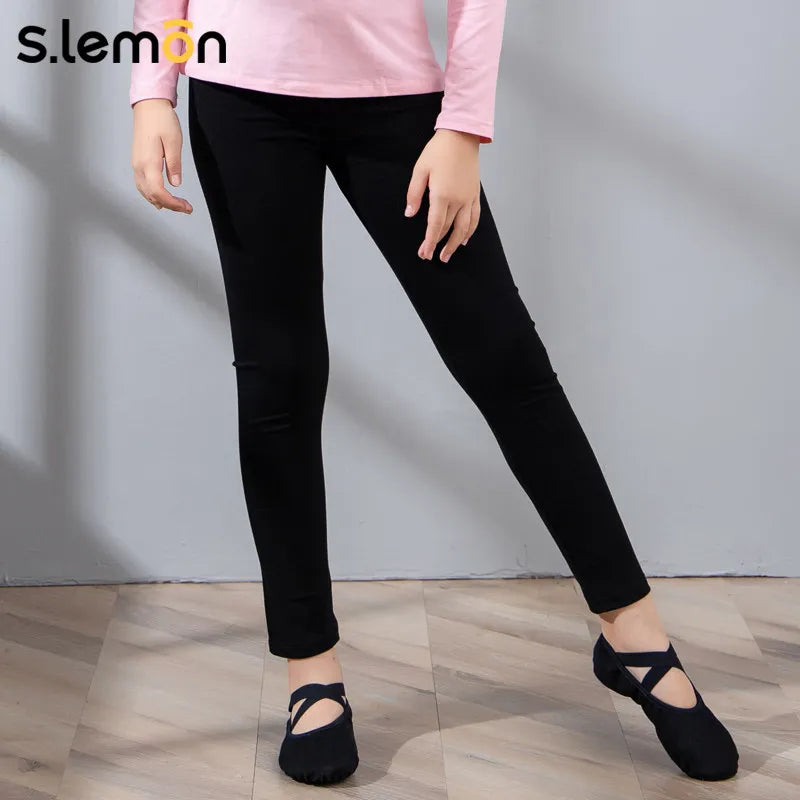 Girls High-Waisted Cotton Dance Leggings Black 3/4 Capri Length Ballet Tights for Kids Slim-Fit Gymnastics Ballet Practice Pants
