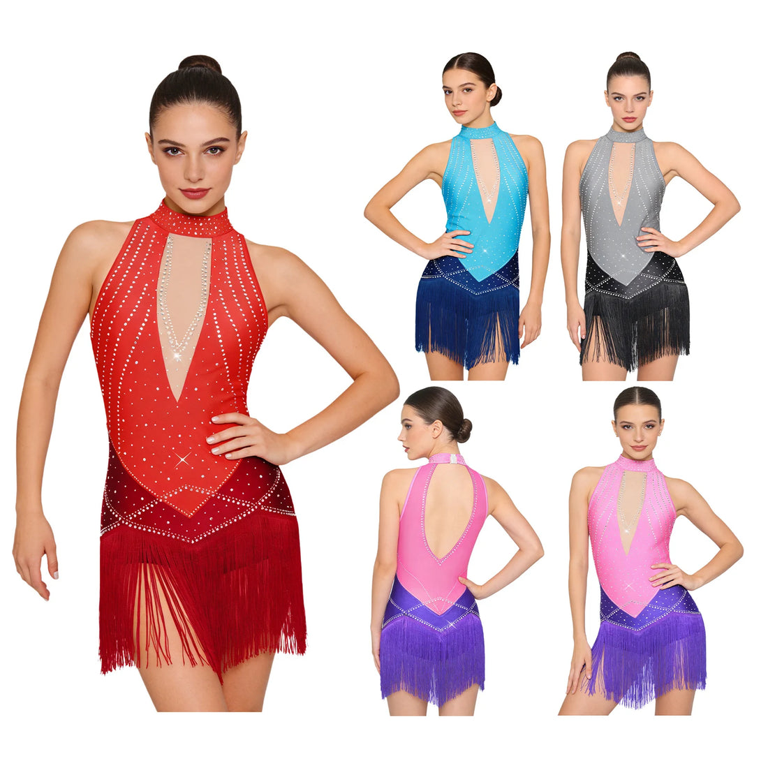 Womens Fringed Dance Leotard Dress Glittery Rhinestones Color Blocking Tassel Bodysuit Dresses Figure Skating Ballet Dancewear