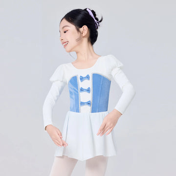 Girls Ballet Leotards Velvet Splicing Dance Bodysuit Long Sleeve Bow Dance Costume Gymnastics Skate Leotards