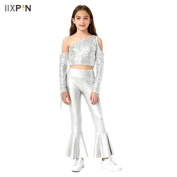 Kids Girls Jazz Hiphop Dance Outfit Cheerleading Stage Performance Costume Long Sleeve Metallic Shiny Crop Tops with Pants Latin