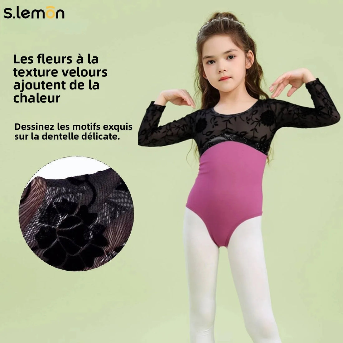 S.lemon Girls Ballet Leotard Kids Long Sleeve Lace & Velvet Patchwork One-Piece for Chinese Dance Gymnastics Bodysuit