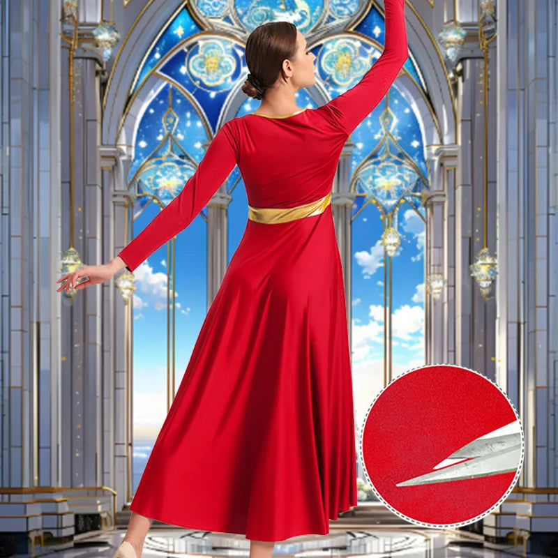 Women Christmas Long Sleeve Metal Splice Praise Dance Dress for adult Church Worship Liturgical Robes with Flared Swing Skirts