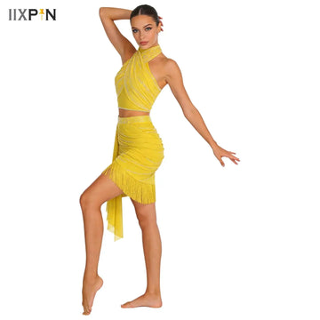 Women Tassels Fringe Salsa Latin Samba Dance Performance Top And Skirt Mesh Drape Ruched Outfits for Rumba Cha-cha Dance Lyrical