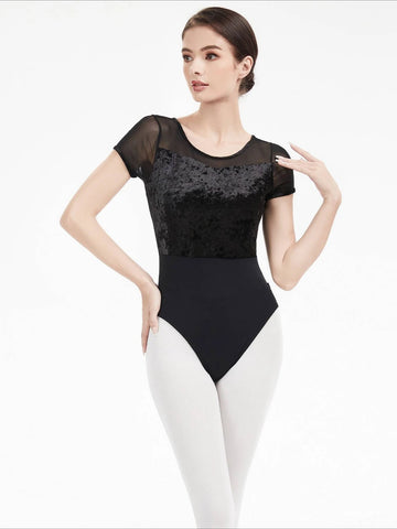 Women Adults Ballet Leotard Girls Autumn Nylon Spandex Velvet Patchwork Half Sleeve One-Piece for Ballet Gymnastics Yoga Fitness
