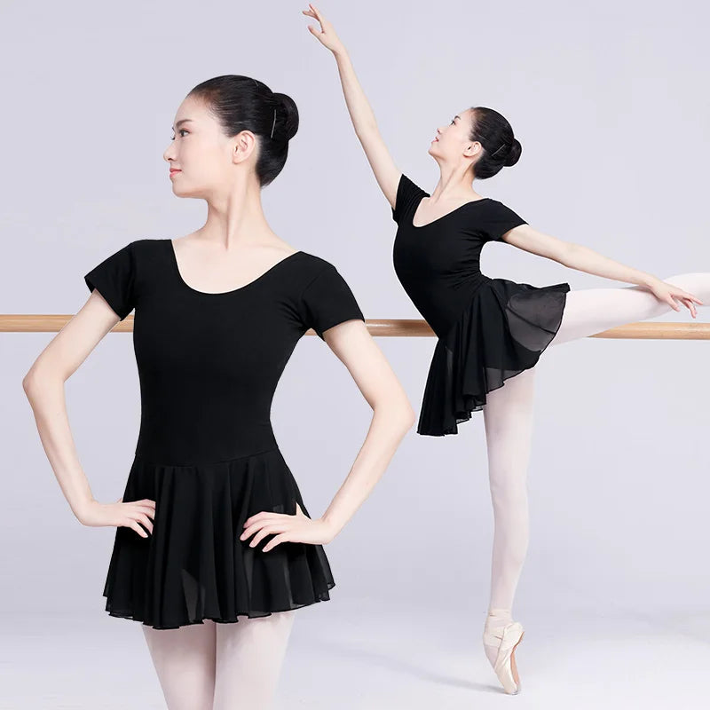 Adult Cotton Short Sleeves Leotard with Chiffon Skirt Women O-neck Ballet Jumpsuit Gymnastics Yoga Girls Black Dress
