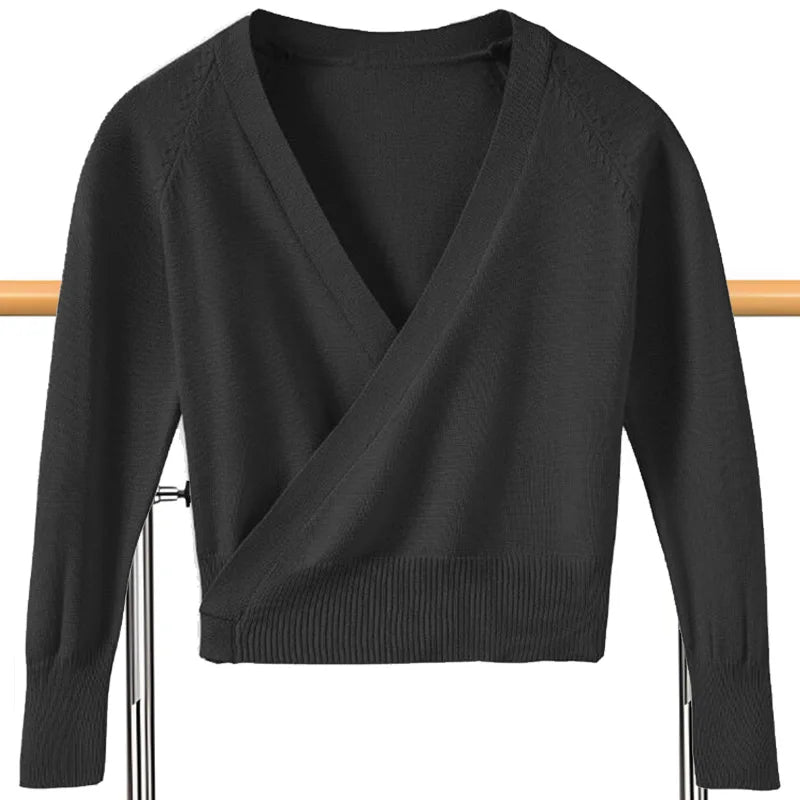  Girls Long Sleeve V-neck Ballet Dance Leotards for kid and adult Gymnastic Dance Wrap Sweater with Waist Strap Dance Sweater