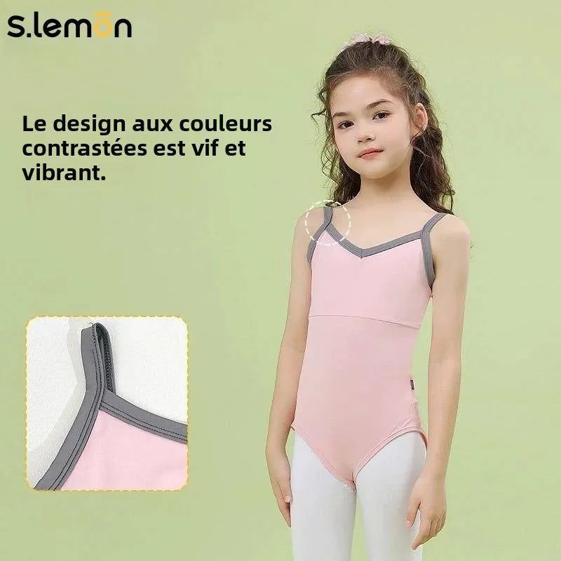 Girls Ballet Leotard Kids Pink Blue Nylon Spandex Sling Color Block V-Neck Gymnastics Performance Bodysuit