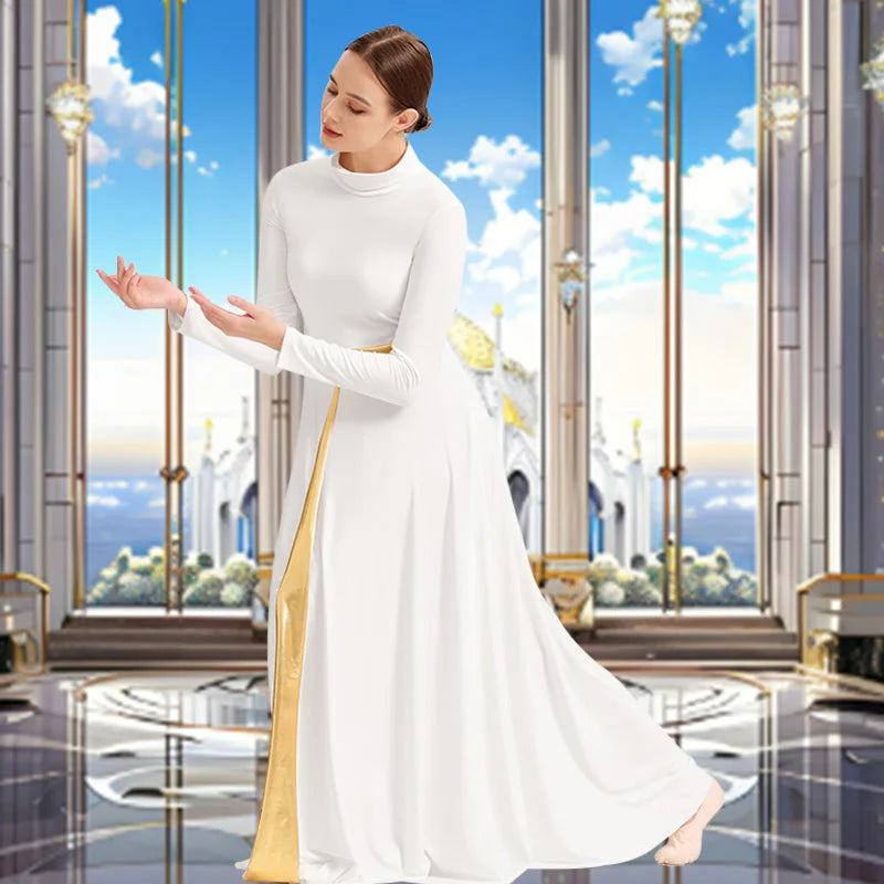 Women's Long Sleeve Praise Dance Dress for Adult Worship Liturgical Church Robe with Fold High Neck and Flared Swing Skirts