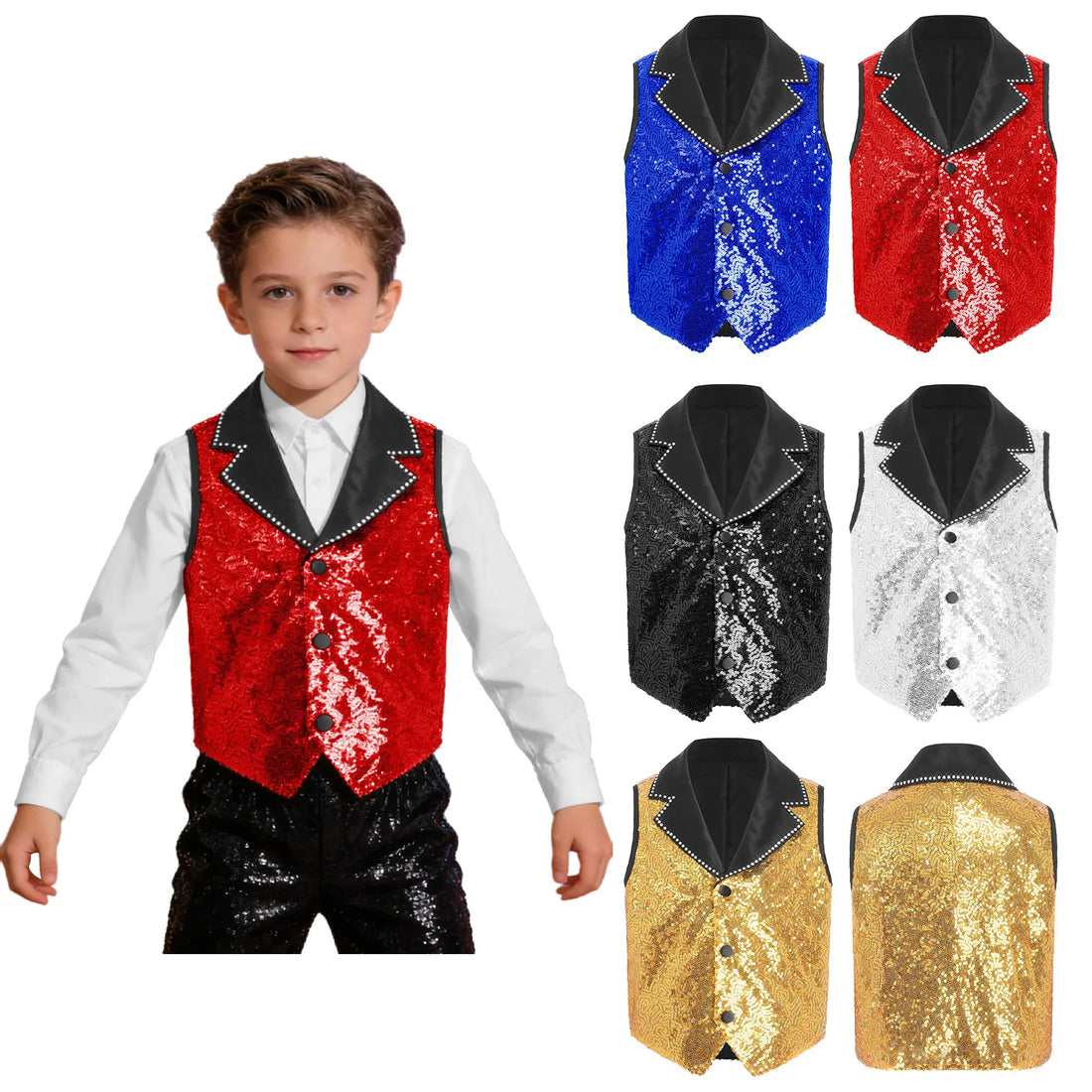 Kids Boys Girls Sequin Jazz Dance Stage Performance Tops Sleeveless Asymmetrical Tank Top Birthday Party Banquet Choir Waistcoat