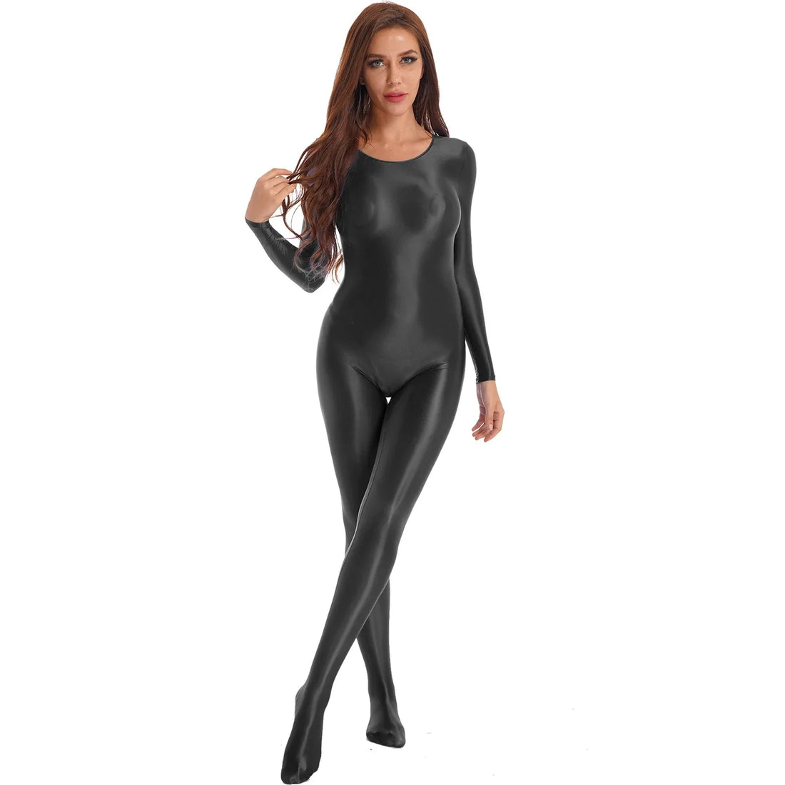 Women's Sexy Long Sleeve Jumpsuit Shaping Bodysuit Elastic Oil Glossy Candy Color Unisex Leotard for Exotic Club Wear