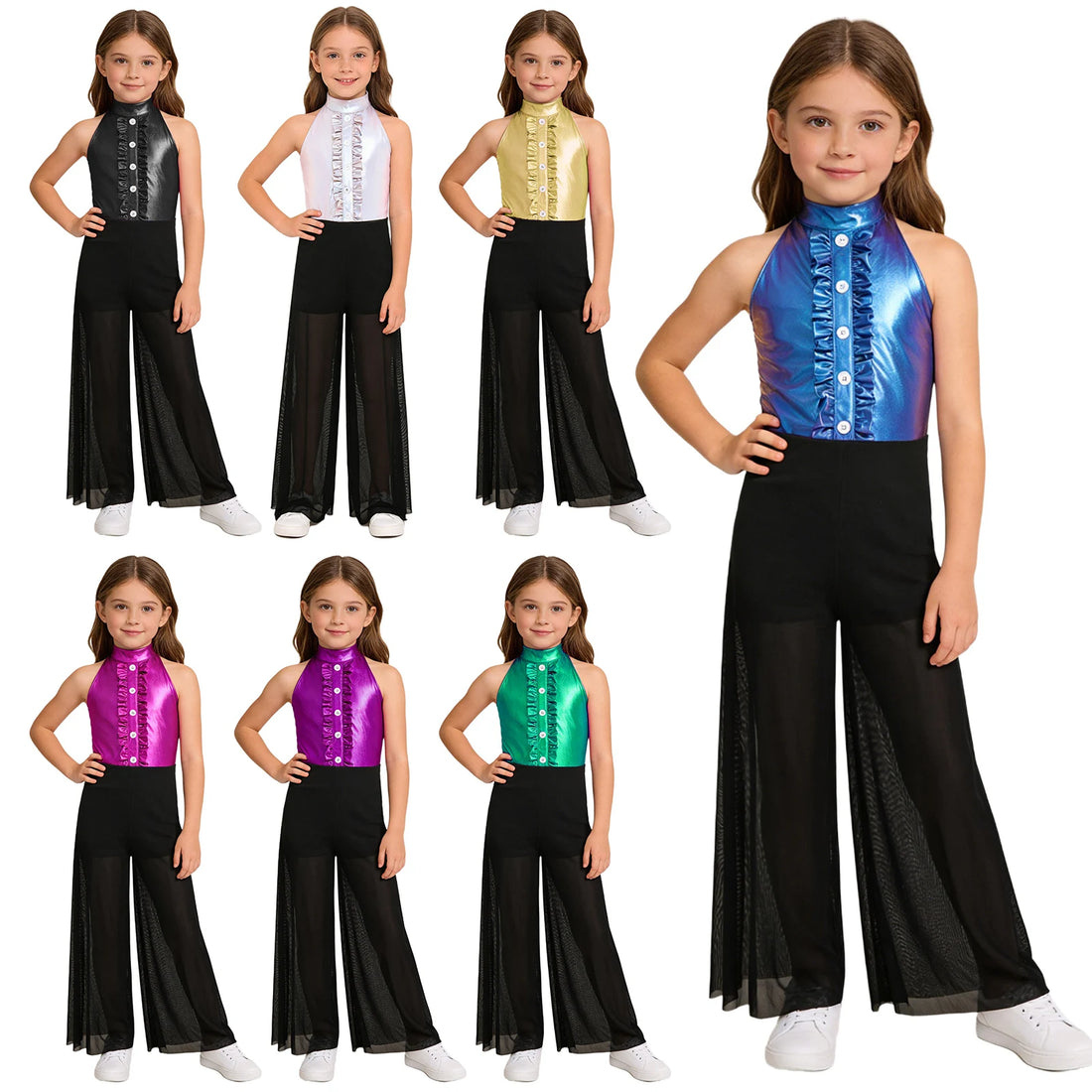Kid Girl Shimmery Wide-Leg Ballet Dance Jumpsuit Dancewear Sleeveless Full Length Bodysuit Ballet Classical Dance Stage Clothes