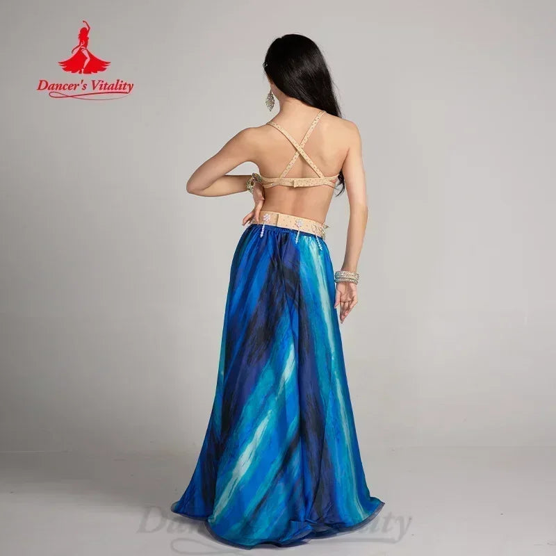 Belly Dancing Performance Set Exquisite Pearl Bra+Belt+Satin Long Skirt 3pcs Adult Women Oriental Dance Competition Costumes