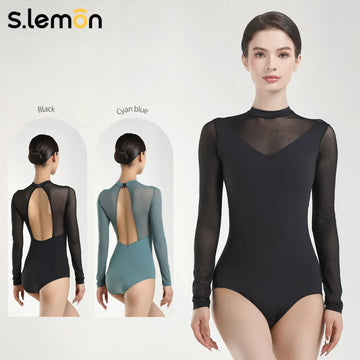 S.lemon Ballet Leotard for Women Professional Black Long Sleeve Stand Collar Open Back Gymnastics Dancewear