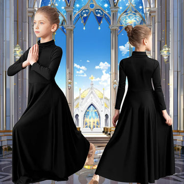 Girls High Neck Long Sleeve Praise Dance Dress for girl Worship Liturgical Praise Costumes with Loose Fit No crotch Dancewear