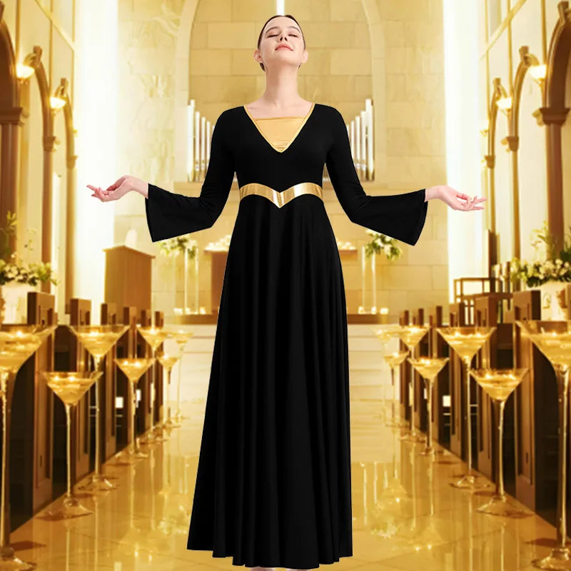 Women Metallic Block Long Sleeve Dance Dress for Adult Worship Liturgical Praise Costumes with No Crotch and Flared Swing Skirts