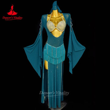 Belly Dancing Performance Robes for Women Sexy Fringe Robe+senior AB Stones Bra+headscarf 3pcs Adult Shaabi Balady Saidy Outfit