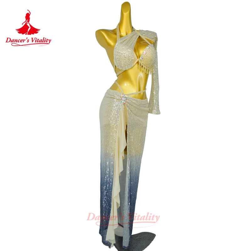 Belly Dancing Suit for Women AB Stones Fringe Bra+Sexy Gradient Long Skirt 2pcs Adults Oriental Dance Performance Costumes