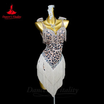 Latin Dance Dress for Women Customized Leopard Printed Tassels Professional Competition Clothes Tango Samba Performance Dresses