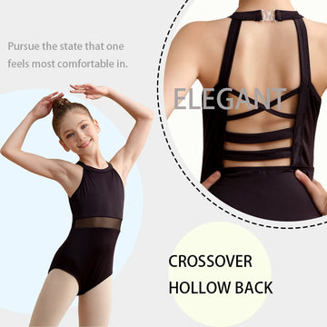 Girls Ballet Leotard Kids Mesh Splicing Gymnastic Dance Leotard Cross Hollow Back Dance Bodysuit for Performance