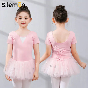 S.lemon Girls Embroidered Star Ballet Dance Costume Summer Short Sleeve Tulle Princess Cute Chinese Dance Gymnastics Dress