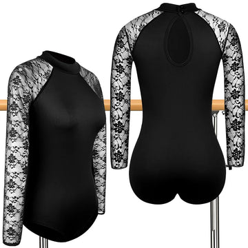Women Turtleneck Lace Long Sleeves Ballet Dance Leotards for adult and kid Gymnastics Tops with Water-drop Hollow Back Bodysuits