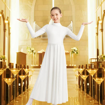 Girl Classic Long Sleeve Praise Dance Dress for girl Worship Liturgical Praise Costume with Folding Neck and No Crotch Dancewear