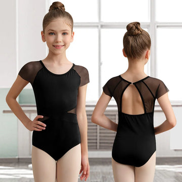 Girls Mesh Short Sleeve Ballet Dance Leotard for girl Gymnastics Top with Soft Lining and Asymmetrical Waist Mesh Dance Leotards