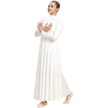 Women's Long Sleeve Praise Dance Dress for Adult Worship Liturgical Praise Costumes with Folding Neck and No Crotch Dancewears