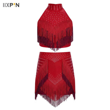 2Pcs Girls Latin yrical Modern Dance Outfit Jazz Ballet Gymnastic Dancewear Crop Top and Skirt Rhinestone Dancer Costume