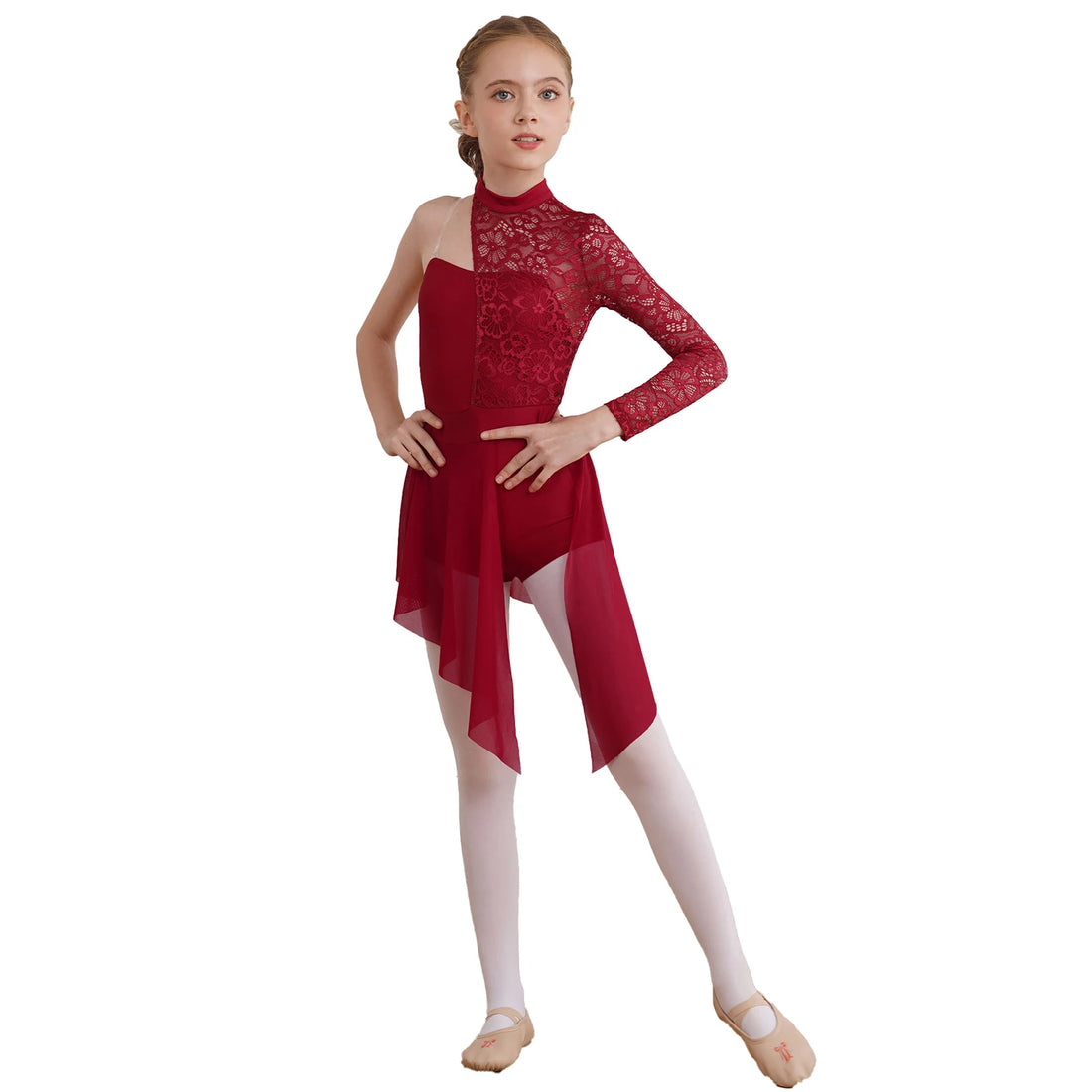 Hot Kids Girls Ballet Lyrical Dance Dress Floral Lace Bodice Boyshorts One-Piece Jumpsuit Contemporary Modern Cha-cha Dancewear