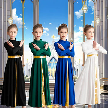 Girls's Long Sleeve Loose Fit Full Length Praise Moden Dance Dress for girls Worship Liturgical Metallic Costume Dance Dress