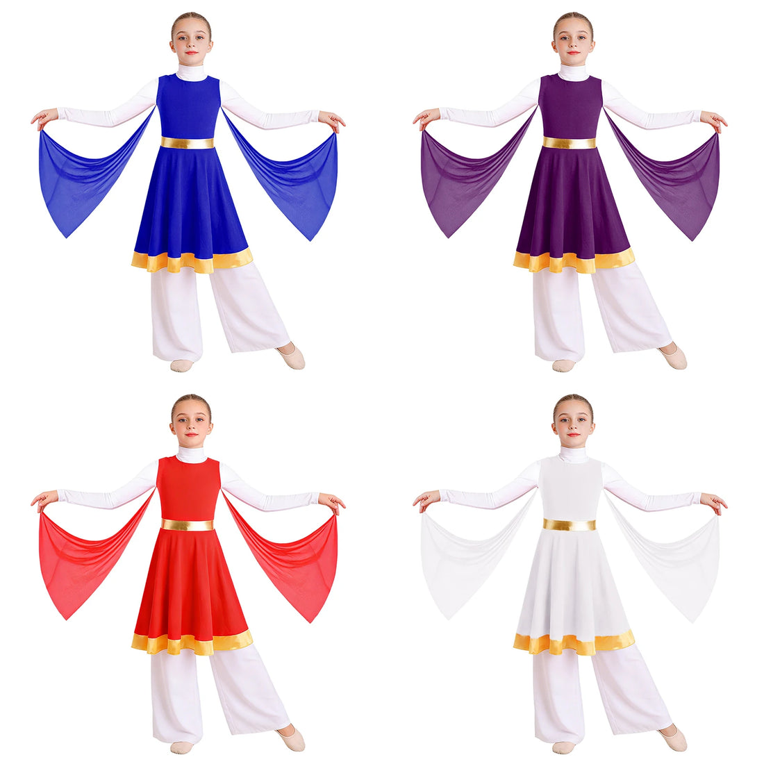 Kids Girls Ballet Praise Lyrical Dance Performance Costume Mesh Drapes Metallic Church Christian Worship Robe Dress Tunic Wear