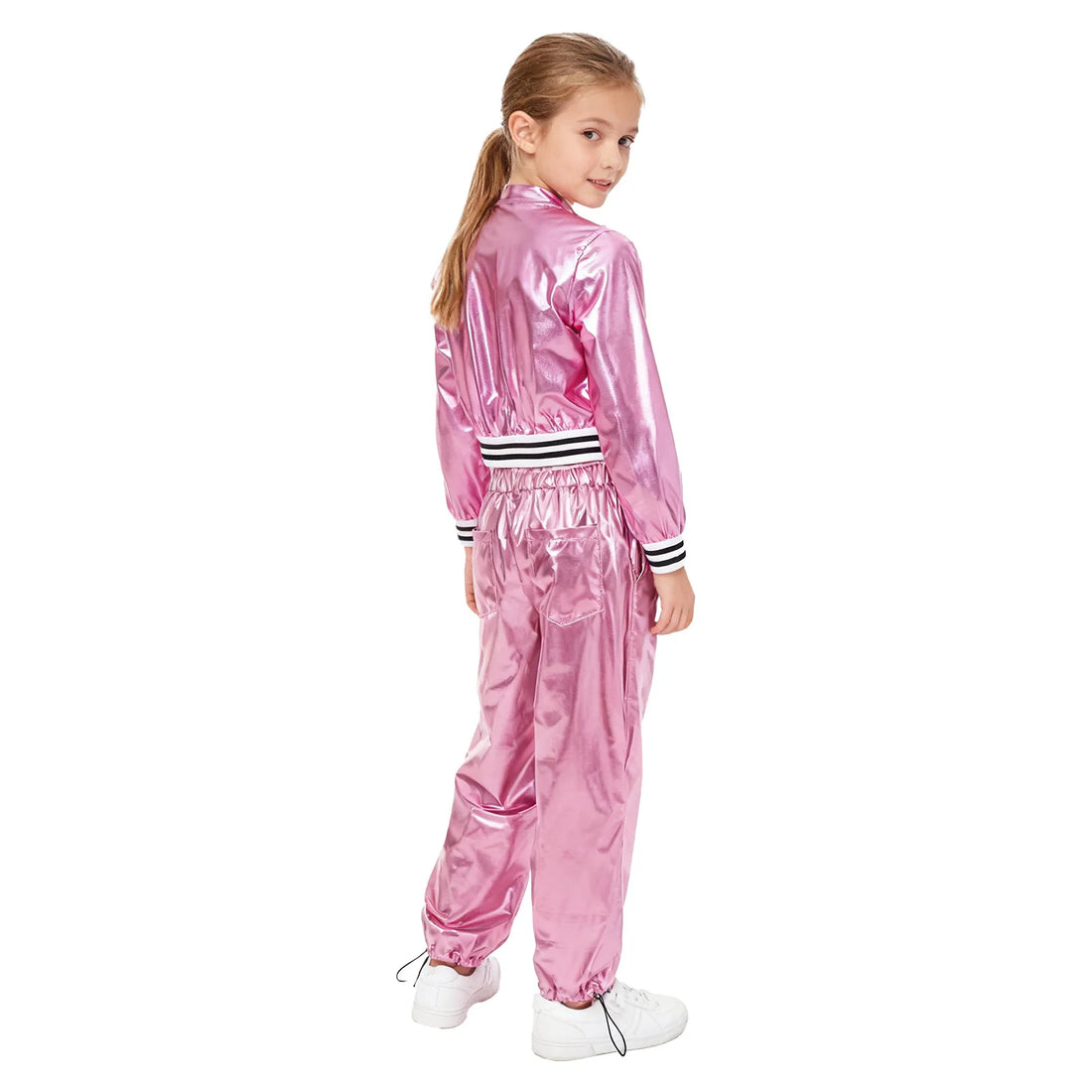 Girls Shiny Jazz Hip Hop Crop Top with Wide-Leg Pants Street Dance Outfits for Disco Dance Competitions Performance
