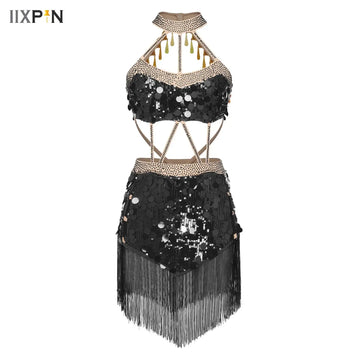 Tassels Latin Dance Dress for Women Glittery Sequins Ballet Leotard Performance Costume Halter Hollow Out Bodysuit Dress Clothes