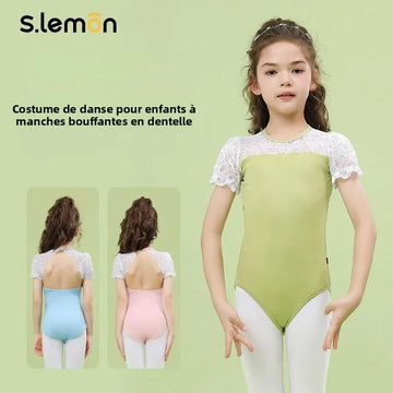 Kids Ballet Leotard Nylon Spandex - Summer Short Sleeve Puff Sleeve Lace Panel Kids Chinese Dance Gymnastics Bodysuit