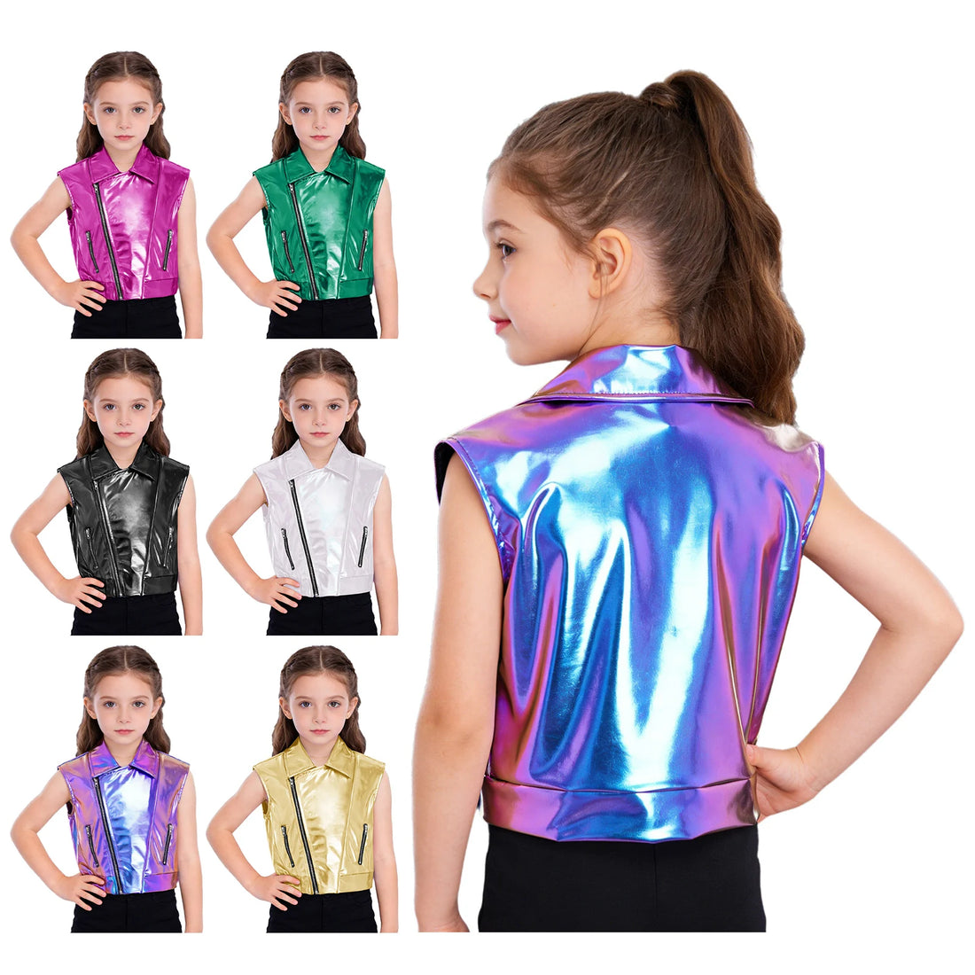 Waistcoats Kids Girls Boys Jazz Dance Costume Stage Performance Tops Fashion Childs Metallic Shiny Sleeveless Vests T-shirt