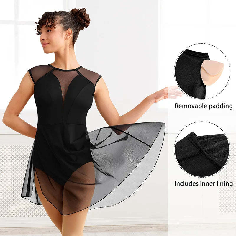 Women's Mesh Cap Sleeve Modern Lyrical Dance Dress for Adult Dance Costume Tops with Hollow Back and Soft Lining Dance Leotards