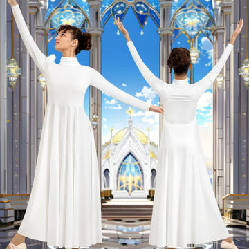  Women Long Sleeve Praise Dance Dress for Adult Worship Liturgical Praise Costumes with Folding Neck and No Crotch Dancewears