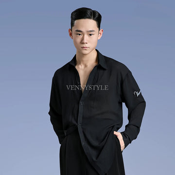 Vennystyle Latin Dance Men's Dance Shirt Professional Dance Training shirt Simple long sleeve dance shirt
