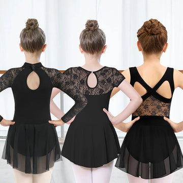 Girls Ballet Leotards Children Lace/Mesh Hollow Dance Leotard with Skirt Water-Drop Back Dance Wear Kids Ballet Dress