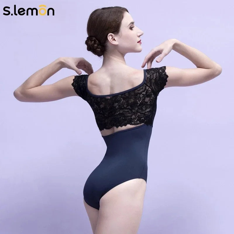 S.lemon Lace Ballet Leotards  Adult Ballerina Short Sleeve Square Neck Dance Bodysuit Cutout Backless Top for Kids Girls Women