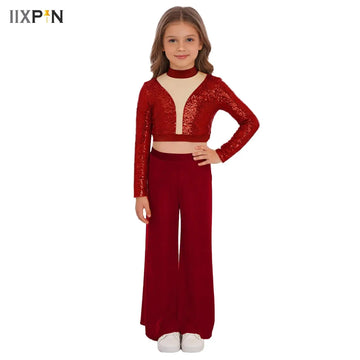 Kids Girls Two-Piece Lyrical Dance Outfit Long Sleeve Cutout Back Sequins Crop Top with Sheer Mesh Pants Competition Clothes