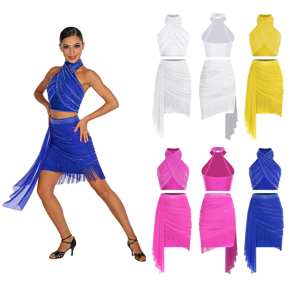 Women Tassels Fringe Salsa Latin Samba Dance Performance Top And Skirt Mesh Drape Ruched Outfits for Rumba Cha-cha Dance Lyrical
