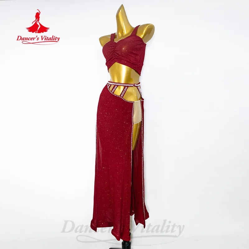 Women's Belly Dance Dance Suit Practice Clothes New Sexy Hollow Split Long Skirt+Top Bellydance  Set Suit