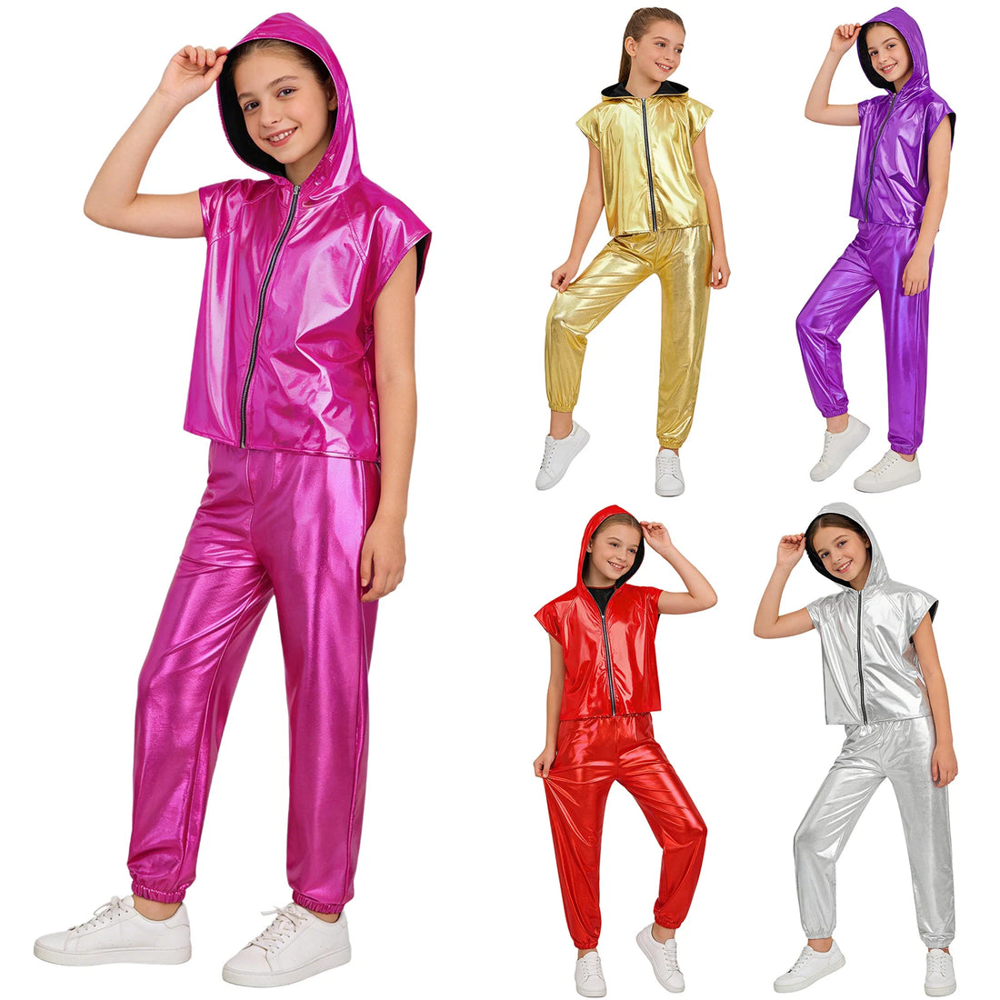 Girls Jazz Hip Hop Dance Stage Performance Costume Outfits Shiny Metallic Hooded Vest Top And Pants Suit For Dancewear
