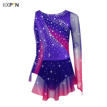 Kids Girls Figure Skating Rhythmic Gymnastics Leotard Dress Asymmetrical Split Shiny Rhinestones Contrast Color Dress Ballerina