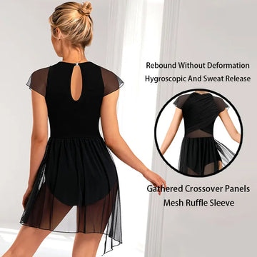 Women Lyrical Modern Ballet Dance Dress Asymmetric High-Low Mesh Skirted and Water-drop Hollow Back Contemporary Dance Costume